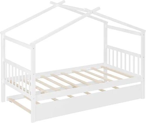 Vista 204 de Merax Cama de madera de tamaño individual con dos cajones, marco de cama de madera con techo para niños, adolescentes, niños o niñas, gris