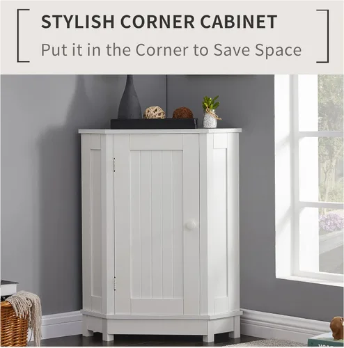 Vista 6 de Gabinete de baño blanco con gabinete de almacenamiento triangular, gabinete de almacenamiento de esquina, con estantes ajustables, estilo moderno.