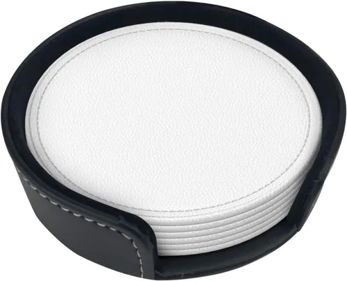 Drink Coasters Set of 6, Solid Color White Printed PU Leather Round Coaster with Holder for Outdoor, Office, Bar, Funny Heat-Resistant Home Desk