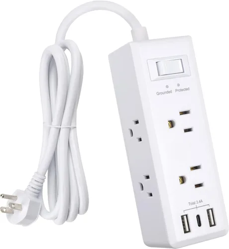 Vista 11 de Clear Power Regleta de alimentación de 2 salidas con 3 puertos USB (1 USB-C), enchufe plano, cable de alimentación de 6 pies, estación de carga