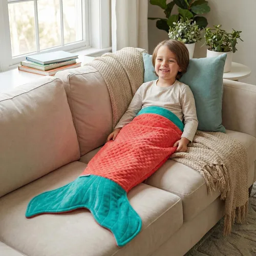 Vista 2 de Manta convertible con cola de sirena para niños, color azul mar