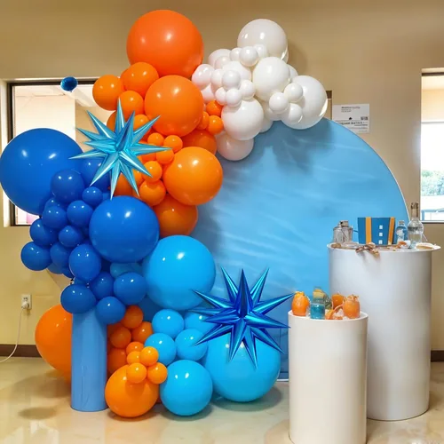 Vista 6 de Kit de arco de globos azul y naranja, kit de guirnalda de 120 globos de color azul claro, blanco y naranja con globos de látex cromados de 4D