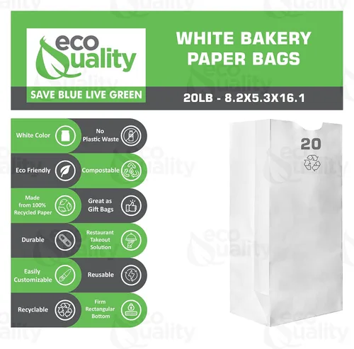 Vista 2 de EcoQuality - Bolsas de almuerzo de papel blanco de 20 libras, capacidad de 20 libras, bolsas de papel blanco kraft, bolsas de panadería, bolsas