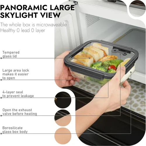 Vista 6 de Paquete de 2 Recipientes de Vidrio para Almacenamiento de Alimentos con Tapas de Vidrio Templado (21.3oz/2.7 tazas) - Cierre Hermético a Presión