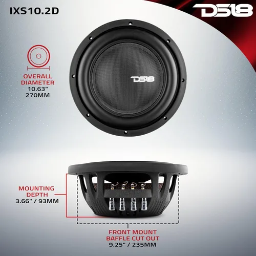 Vista 4 de DS18 IXS10.2D Subwoofer para automóvil de 10 pulgadas, 1200 vatios, potencia máxima, 600 vatios, RMS DVC 2 + 2 ohmios, potente subwoofer de montaje