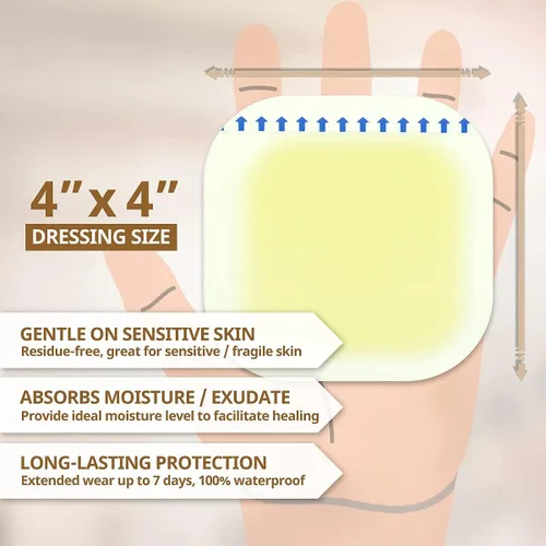 Vista 3 de EVERLIT Apósito hidrocoloide para heridas Vendaje adhesivo impermeable de 4 x 4 pulgadas [paquete de 10] Estéril, curación avanzada para brotes