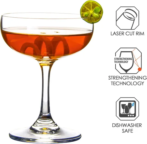 Vista 4 de FAWLES Vasos de cristal Coupé, juego de 6, 7 onzas (7.4 fl oz), elegante diseño de tallo corto, juegos de copas de cóctel transparentes perfectos