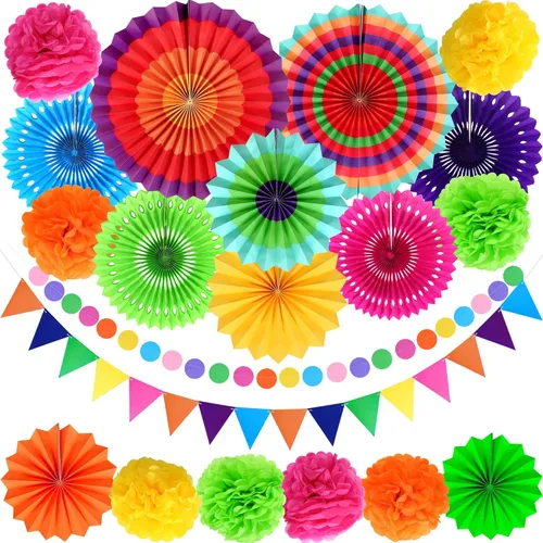 KatchOn, Juego de decoraciones de fiesta multicolor para fanáticos de papel, 20 unidades, pompones del Cinco de Mayo, banderines premontados, cuerda