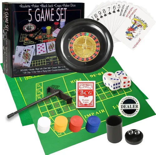 Juego de ruedas de ruleta profesional 5 en 1, rueda de juego de 10 pulgadas, con 100 fichas, 3 alfombrillas de mesa de juego diferentes, rastrillo y