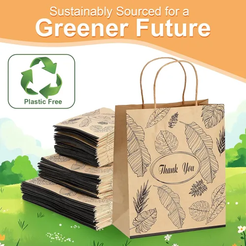 Vista 3 de Yesland Bolsas de papel kraft - Bolsas de agradecimiento con asas - Marrón con hojas negras - 3 tamaños - Paquete de 80