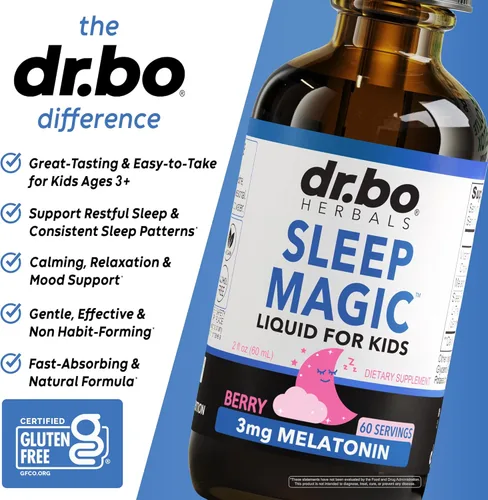 Vista 4 de Liquid Melatonin Kids Sleep Aid - Sleep Magic Kids Melatonin Liquid 3mg Berry Drops, D3, L Theanine - Children's Sleeping Aids, Natural Calm