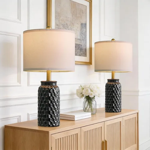 Vista 22 de USumkky - Juego de 2 lámparas de mesita de noche de cerámica moderna dorada de 20.5" para decoración de dormitorio, lámpara de mesa de estilo granja