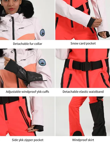 Vista 34 de GSOU SNOW Traje de esquí para mujer, traje de nieve de una pieza, para snowboard, delgado, aislante, impermeable, resistente al viento