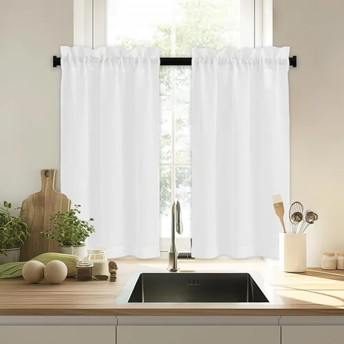 Vista 39 de RYB HOME Cortinas Cortas de Lino con Cenefas Swag - Niveles Semitransparentes para la Parte Superior de Ventanas, Decoración del Hogar con Filtrado