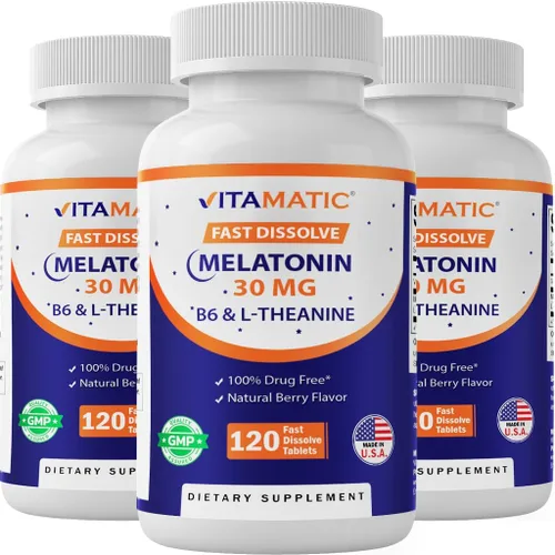 Vista 10 de Vitamatic Melatonina 30 mg - con B6 y L-teanina - 120 tabletas de disolución rápida con sabor a bayas naturales