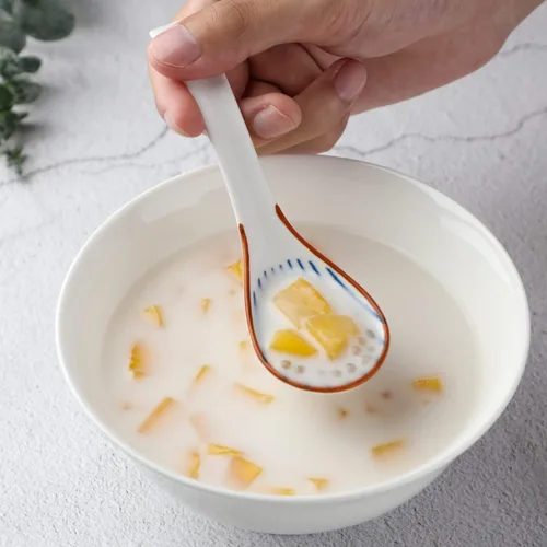 Vista 9 de Juego de 4 cucharas de sopa chinas, cucharas coreanas de porcelana para albóndigas de cereales de fideos Pho