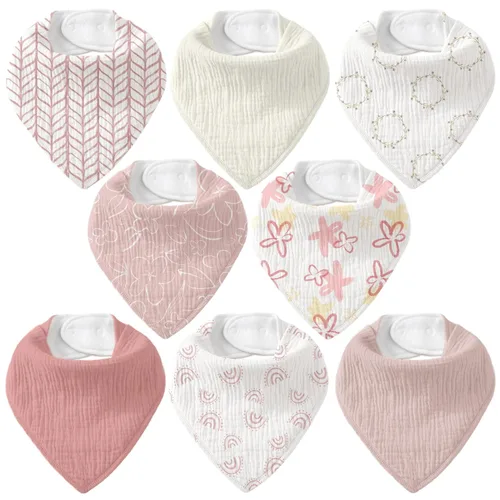 Vista 17 de Baberos de muselina para bebé 8 unidades, Babero tipo bandana para babeo y dentición, Algodón suave y absorbente para niñas y niños BC