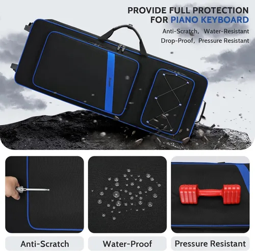 Vista 4 de BOSSTIN Funda para teclado de 61 teclas con ruedas, bolsa de piano rodante 61 Llave azul