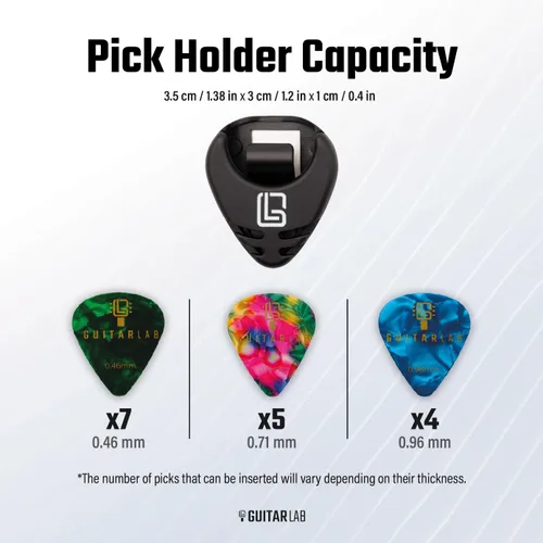 Vista 5 de Guitar Lab Portapúas de guitarra con respaldo adhesivo – Con 10 púas de celuloide GRATIS (0.46mm, 0.71mm, 0.96mm), regalo para calcetines - Regalos