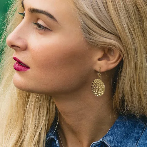 Vista 3 de Aretes colgantes de disco martillado, aretes de plata de ley para mujer, aretes hechos a mano, aretes circulares redondos, aretes de gota