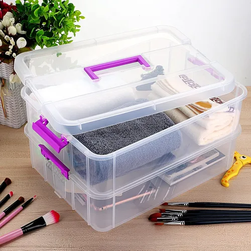 Vista 8 de JUXYES Caja de Almacenamiento Apilable de 2 Niveles con Asa, Contenedor de Almacenamiento Apilable Transparente con Tapa y Asa con Cierre para Negro