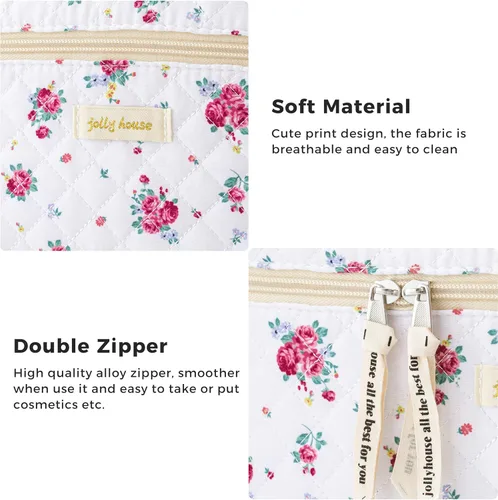 Vista 18 de HBselect Bolsa de maquillaje acolchada, 3 piezas de algodón grande, bolsa de maquillaje de viaje, bonita bolsa de maquillaje floral de coqueta