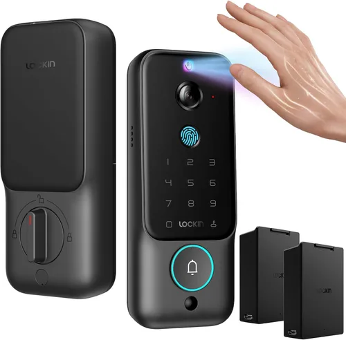 Lockin Cerradura inteligente Veno Plus con baterías intercambiables duales, energía de 6 meses, cámara 2K 180° y timbre de video, entrada de vena de