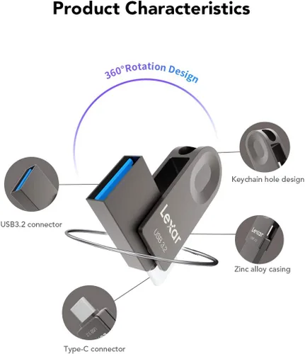 Vista 6 de Lexar Unidad flash USB tipo C E32C de 64 GB, USB-A y USB-C 3.2 Gen 1, unidad dual OTG de 100 MB/s de lectura, unidad USB con diseño giratorio