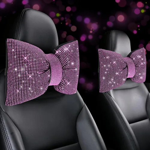 Vista 12 de 2 PCS Almohadas Brillantes para Automóvil, Almohada de Reposacabezas de Coche con Lazo de Pedrería, Almohada Cervical para Coche para Relajación