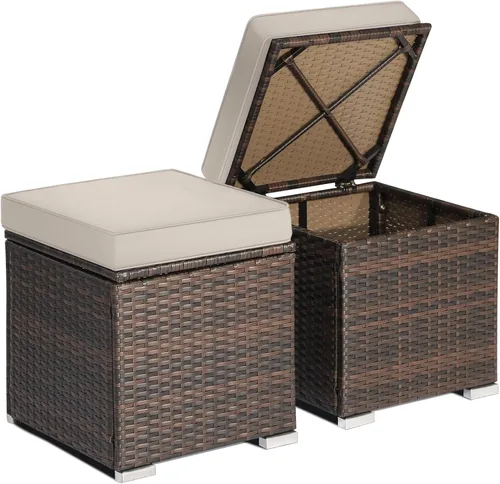 RELAX4LIFE Otomana de mimbre para almacenamiento al aire libre, reposapiés de ratán de 2 piezas con cojín extraíble, reposapiés multiusos, mesa Beige