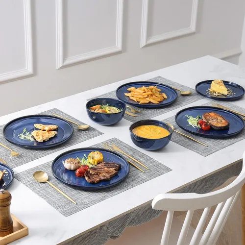 Vista 5 de Vicrays Juego de vajilla de cerámica de 12 piezas, platos llanos, platos de ensalada, cuencos de cereales, servicio para 4 personas, resistente a
