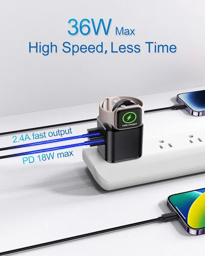 Vista 4 de BeaSaf Bloque de carga de 36 W para Apple con cargador de reloj integrado, bloque de cargador rápido PD plegable para iPhone, cargador de pared