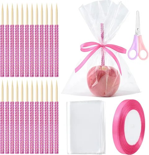 Vista 16 de Bling Candy - Palitos de manzana con diamantes de imitación de 6 pulgadas, brochetas puntiagudas de madera para mesa de postre, fiesta de té