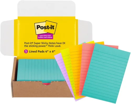 Post-it Notas rayadas súper adhesivas, 5 blocs de notas adhesivas, 4 x 6 pulgadas, 2 veces más poder de adherencia, suministros escolares, productos