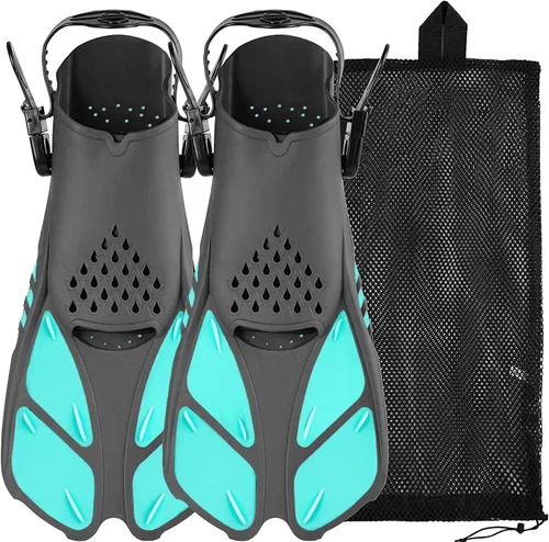 Vista 9 de Sugaroom Aletas de natación con talón abierto, aletas de snorkel ajustables con bolsa de malla, equipo de esnórquel, aletas para buceo