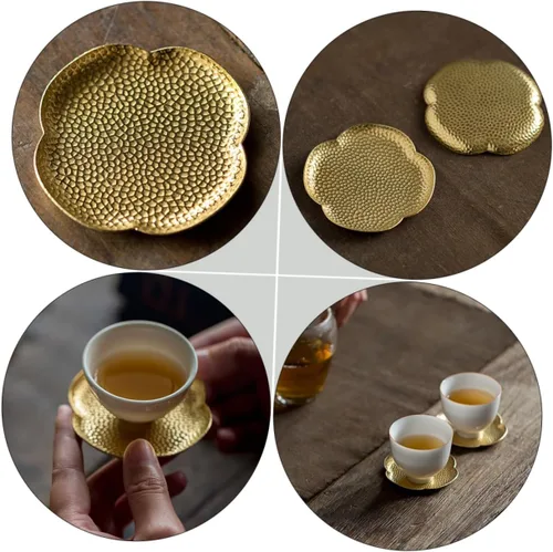 Vista 7 de BESTonZON Posavasos de cobre para té, plato de postre, juego de té vintage, accesorios de escritorio retro, posavasos de té chino, posavasos
