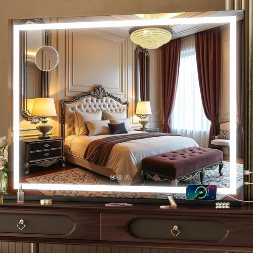 Vista 26 de Hasipu Espejo de tocador con luces, espejo LED de maquillaje de 31.5 x 22 pulgadas, espejo de maquillaje iluminado con 3 modos regulables, espejo