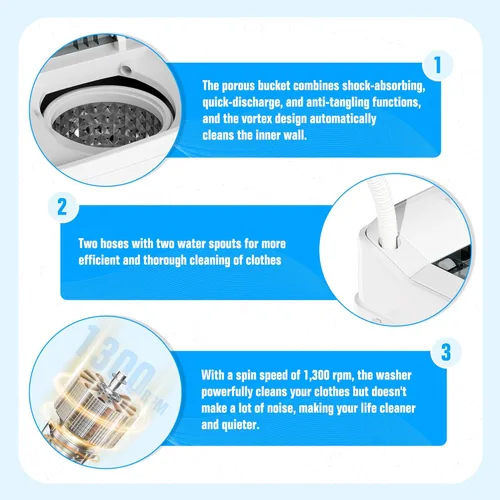 Vista 8 de Pataku Minilavadora portátil, 17.6 libras, compacta, lavadora y secadora en combo, lavadora de doble tina con ciclo de centrifugado, función