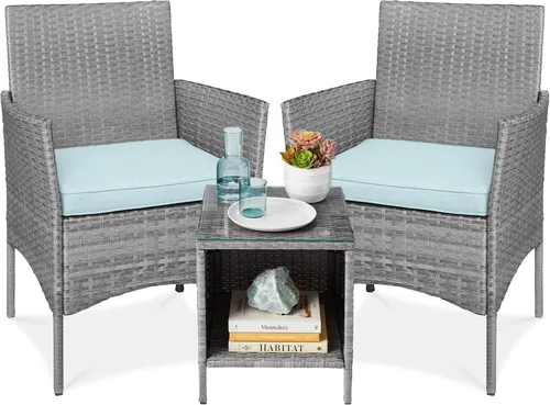 Vista 15 de Best Choice Products Juego de 3 piezas de mimbre para conversación al aire libre, muebles de patio que ahorran espacio para jardín con mesa