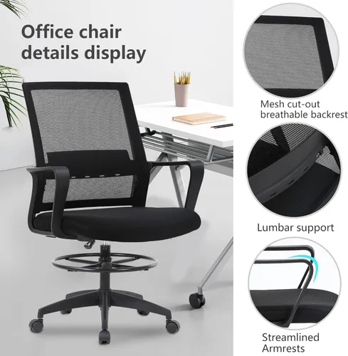 Vista 6 de PayLessHere Silla de dibujo Negro Silla de oficina alta con altura de asiento ajustable y reposapiés, respaldo de malla ergonómico, soporte