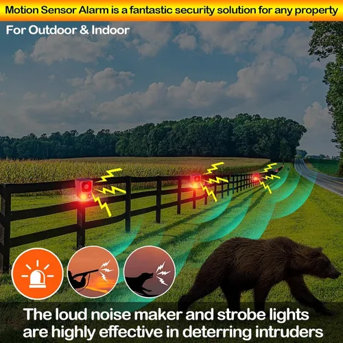 Vista 6 de Alarma solar con sensor de movimiento para exteriores - Ladridos de perros, disparos y sonidos de sirena para exteriores e interiores.