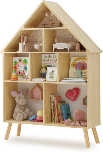 Curipeer Estantería de Casa de Muñecas para Niños y Almacenamiento para Bebés - Soporte de Madera Estantería Casa de Muñecas con Organizador de