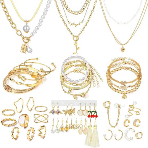 35-53 Pcs Silver Gold Jewelry Set for Women 12-30 Pcs Rings 4-7 Pcs Necklace 11-14 Pcs Bracelet and 5-16 Earring, Indie Stackable Vintage Boho Pearl
