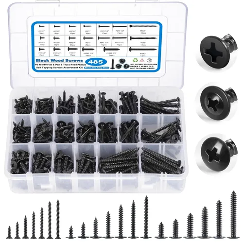 SATANTECH Kit de surtido de 485 piezas de tornillos de madera negros, #6#8#10 cabeza redonda y de armadura y cabeza plana, tornillos autorroscantes,