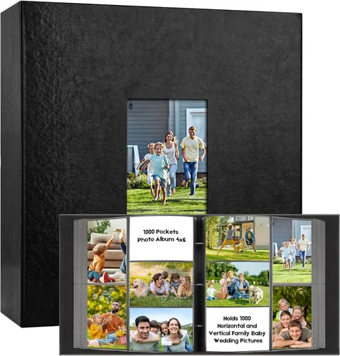 Álbum de fotos de bolsillo para 1000 fotos 4x6 con cubierta de cuero, capacidad extra grande para 1000 fotos horizontales y verticales, páginas