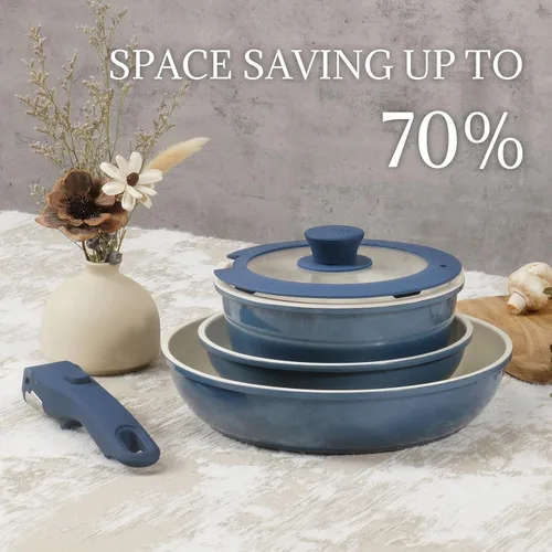 Vista 8 de 8Pcs Pots and Pans Set Nonstick Ceramic Cookware Set Removable Handle Induction Kitchen Cooking Set with Frying Pans and Sauce Pan, Blue