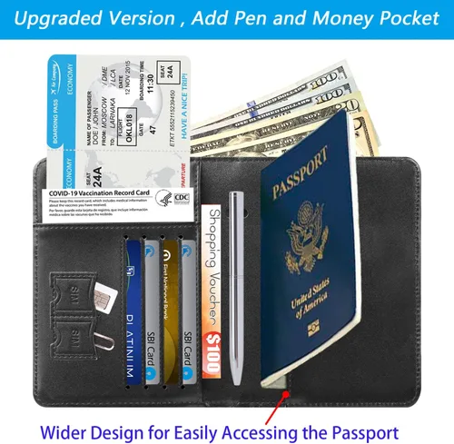 Vista 2 de Funda para pasaporte, cartera, artículos esenciales de viaje, con bloqueo RFID, funda de piel para tarjetas de viaje internacionales, accesorios