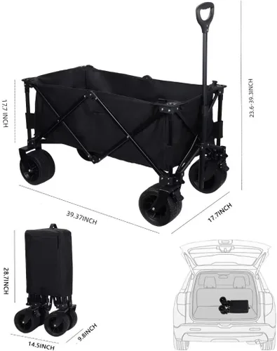 Vista 2 de Carro plegable con ruedas todo terreno resistentes, carrito de jardín plegable con mango ajustable para deportes, compras, campamento, color negro