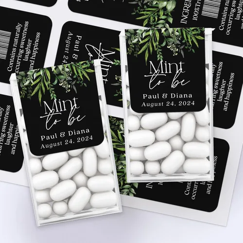 Vista 4 de 25 PCS Personalized Wedding Stickers Labels for Tic TACS Mints, Black & Eucalyptus Custom Mint to Be Gift Stickers with Greenery Flower Branch
