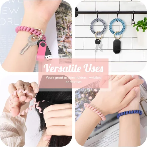 Vista 4 de 6 pulseras elásticas con llavero de muñeca, pulsera flexible en espiral de resorte, pulsera de muñeca con espiral flexible, soporte para llaves